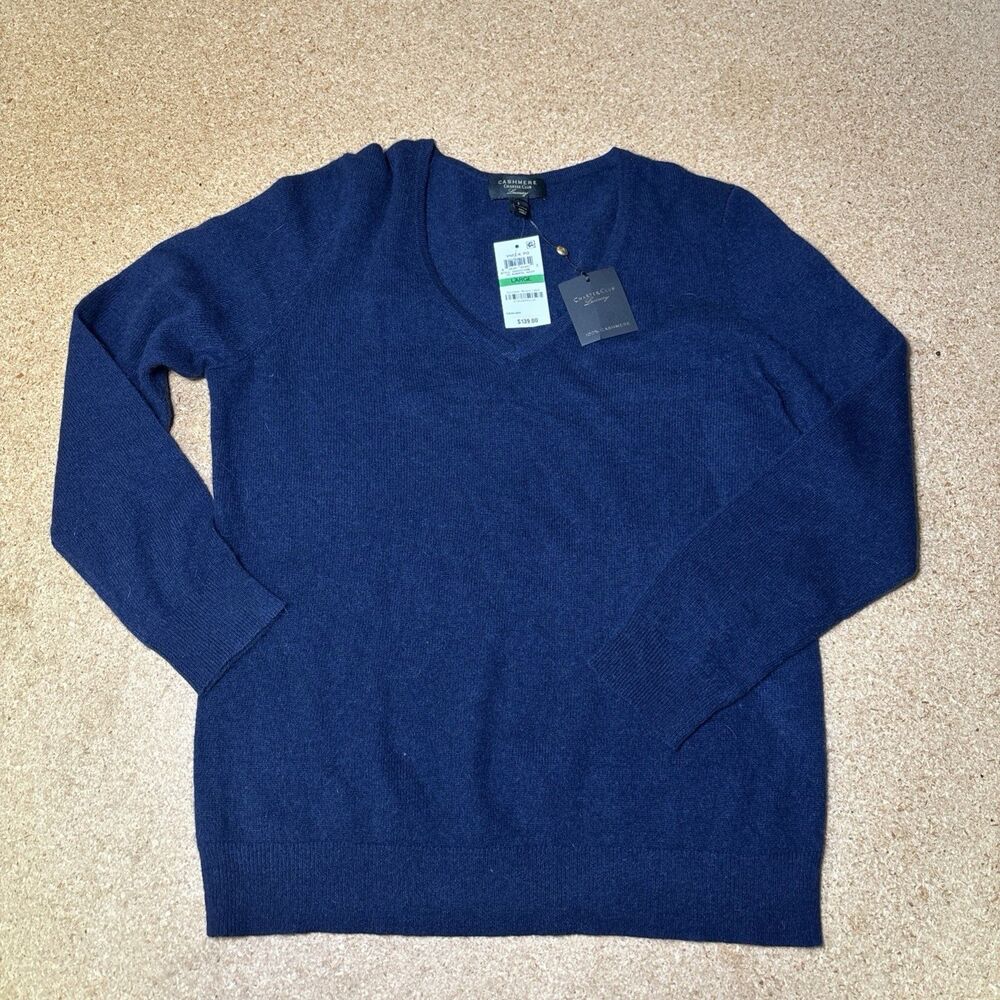 NWT Charter Club 100 2 Cashmere Sweater Women's Large Navy E2